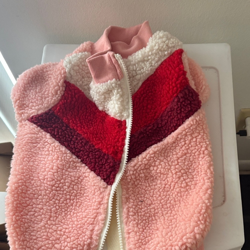 Pink Sherpa Zip Vest with Red Chevron Detail